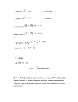 ∑Fy = 39.76 - DE = 0 FDE = 202.7 kips
∑Fy = 202.7( FE = 0 FFE = 198.8kips
requiere como Ag =
requiere como Ag =
Ag = AgURequerido Ag =
Try 2l 5 x 5 x
Ag = 7.30 >7.20 (OK)
Usar 2L 5 x 5 x Para cordón inferior
Miembros: Diseño de la fuerza de tracción máxima, que se produce en AH miembros, y utilizar
una forma para todos los miembros de banda de tensión (los miembros de banda diagonal).
Utilizando el método de las secciones (ver figura), tenga en cuenta la fuerza de AH miembros
para actuar en H.
 