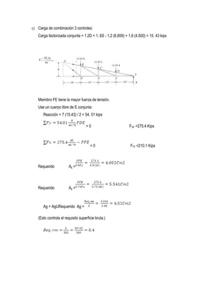 c) Carga de combinación 3 controles:
Carga factorizada conjunta = 1.2D + 1, 6S - 1,2 (6,859) + 1,6 (4.500) = 15. 43 kips
Miembro FE tiene la mayor fuerza de tensión.
Use un cuerpo libre de E conjunta:
Reacción = 7 (15,43) / 2 = 54. 01 kips
= 0 FDE =275.4 Kips
= 0 FFE =210.1 Kips
Requerido Ag =
Requerido Ag =
Ag = AgURequerido Ag =
(Esto controla el requisito superficie bruta.)
 