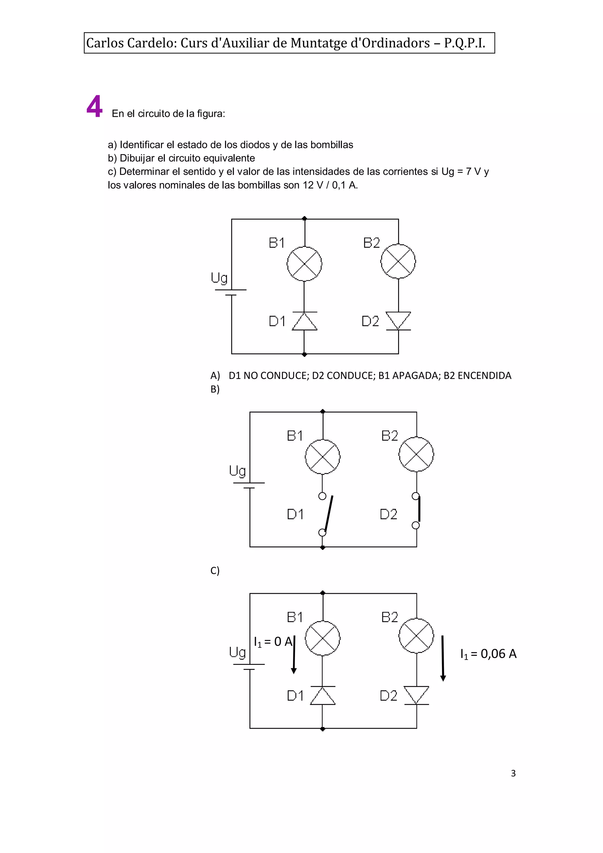 Carlos Cardelo: Curs d'Auxiliar de Muntatge d'Ordinadors – P.Q.P.I.

4

En el circuito de la figura:
a) Identificar el estado de los diodos y de las bombillas
b) Dibuijar el circuito equivalente
c) Determinar el sentido y el valor de las intensidades de las corrientes si Ug = 7 V y
los valores nominales de las bombillas son 12 V / 0,1 A.

A) D1 NO CONDUCE; D2 CONDUCE; B1 APAGADA; B2 ENCENDIDA
B)

C)

I1 = 0 A

I1 = 0,06 A

3

 