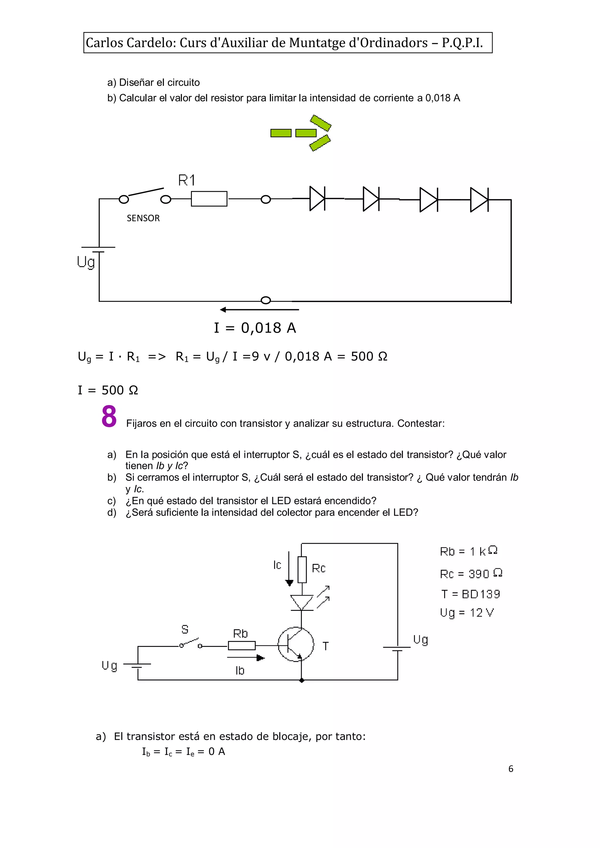 Carlos Cardelo: Curs d'Auxiliar de Muntatge d'Ordinadors – P.Q.P.I.
a) Diseñar el circuito
b) Calcular el valor del resistor para limitar la intensidad de corriente a 0,018 A

SENSOR

I = 0,018 A
Ug = I · R1 => R1 = Ug / I =9 v / 0,018 A = 500 Ω
I = 500 Ω

8

Fijaros en el circuito con transistor y analizar su estructura. Contestar:

a) En la posición que está el interruptor S, ¿cuál es el estado del transistor? ¿Qué valor
tienen Ib y Ic?
b) Si cerramos el interruptor S, ¿Cuál será el estado del transistor? ¿ Qué valor tendrán Ib
y Ic.
c) ¿En qué estado del transistor el LED estará encendido?
d) ¿Será suficiente la intensidad del colector para encender el LED?

a) El transistor está en estado de blocaje, por tanto:
Ib = Ic = Ie = 0 A
6

 