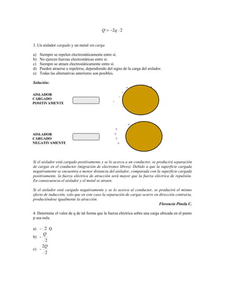 Q      2q 2


3. Un aislador cargado y un metal sin carga

a)   Siempre se repelen electrostáticamente entre sí.
b)   No ejercen fuerzas electrostáticas entre sí.
c)   Siempre se atraen electrostáticamente entre sí.
d)   Pueden atraerse o repelerse, dependiendo del signo de la carga del aislador.
e)   Todas las alternativas anteriores son posibles.

Solución:
                                                              -          +
                                                          -                       +
AISLADOR
                              -                       -                           +
CARGADO
POSITIVAMENTE                                     -                      +
                                                          -                       +



                                                              +                   -
                                                   +                         -
AISLADOR                                           +                          -
CARGADO                                            +                         -
NEGATIVAMENTE                                        +                   -



Si el aislador está cargado positivamente y se lo acerca a un conductor, se producirá separación
de cargas en el conductor (migración de electrones libres). Debido a que la superficie cargada
negativamente se encuentra a menor distancia del aislador, comparada con la superficie cargada
positivamente, la fuerza eléctrica de atracción será mayor que la fuerza eléctrica de repulsión.
En consecuencia el aislador y el metal se atraen.

Si el aislador está cargado negativamente y se lo acerca al conductor, se producirá el mismo
efecto de inducción, solo que en este caso la separación de cargas ocurre en dirección contraria,
produciéndose igualmente la atracción.
                                                                             Florencio Pinela C.

4. Determine el valor de q de tal forma que la fuerza eléctrica sobre una carga ubicada en el punto
p sea nula.

a) - 2 Q
     Q
b) -
      2
     2Q
c) -
      2
 