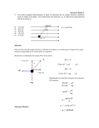 Florencio Pinela C.
3. Una esfera cargada eléctricamente se pone en presencia de un campo eléctrico uniforme,
   como se indica en la figura. Si la esfera tiene una masa de 1 g., el valor de la carga eléctrica
   neta de la esfera es:



a)   +12.6 nC                                                     E = 5 x104 N/C
b)   -46.2 nC                               10
c)   -34.5 nC
                                            º
d)   +34.5 nC
e)   -12.6 nC
                                    m=1
                                    g

Solución:

Para la dirección del campo eléctrico indicado en la figura se concluye que el signo de la carga
eléctrica suspendida de la cuerda debe ser negativa.

Realicemos el diagrama de cuerpo libre de la esfera.

                                        T                               Fx = 0
          T Cos 10
                           10
                                                             T Sen 10 = q E           (1)

                                                                        Fy = 0
     qE
                                T Sen 10
                                                              T Cos 10 = mg          (2)

                                                 Dividiendo la ecuación (1) para la ecuación
                                                 (2) tenemos.
                      mg                                         TSen10      qE
                                                                 TCos10      mg

                                                                              qE
                                                                   tan 10
                                                                              mg

                                                                       mgTan10
                                                                   q
                                                                          E

                                                                q = - 3,456 x10-8 C
Florencio Pinela C.
                                                                   q = - 34,56 nC
 