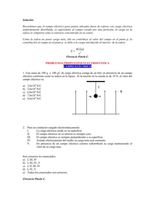 Solución:

Recordemos que el campo eléctrico para puntos ubicados fuera de esferas con carga eléctrica
uniformemente distribuida, es equivalente al campo creado por una partícula, la carga en la
esfera se comporta como si estuviese concentrada en su centro.

Como la esfera no posee carga neta, ella no contribuye al valor del campo en el punto p, la
contribución al campo en el punto p se debe a la carga introducida al interior de la esfera.

                                                K ( 2q )
                                           E
                                                  r2
                                       Florencio Pinela C.

                      PROBLEMAS PROPUESTOS ELECTROSTÁTICA
                               5BCAMPO ELÉCTRICO

1. Una masa de 100 g y 100 C de carga eléctrica cuelga de un hilo en presencia de un campo
eléctrico conforme como se indica en la figura. Si la tensión en la cuerda es de 10 N, el valor del
campo eléctrico es:

a)   2,0x104 N/C
                                                                   T
b)   3,0x104 N/C
c)   6,0x104 N/C                                                                        E
d)   7,0x104 N/C                                           -q       m
e)   9,0x104 N/C




2. Para un conductor cargado electrostáticamente:
   I.      La carga eléctrica reside en su superficie.
   II.     El campo eléctrico en su interior es siempre cero.
   III.    El campo eléctrico es siempre perpendicular a su superficie.
   IV.     Aislado eléctricamente del medio su carga neta será constante.
   V.      En presencia de un campo eléctrico externo redistribuirá su carga manteniendo el
           valor de su carga neta.


Son correctos los enunciados:
a) I, III, IV
b) I, III, IV, V
c) I, II, III, IV
d) I, IV, V
e) Todos los enunciados son correctos.

Florencio Pinela C.
 