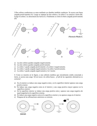 3.Dos esferas conductoras se unen mediante un alambre también conductor. Se acerca una barra
cargada positivamente (A). Luego se separan las dos esferas y la esfera 2 se conecta a tierra (B).
Luego la esfera 2 se desconecta de tierra (C). Finalmente se retira la barra cargada positivamente
(D)


       +       1           2                              +       1               2
      +                                               +
     +                                               +
 +                                               +
                       A                                                  B

                                                                                      Florencio Pinela C.



       +
      +
     +             1             2                            1               2



                       C                                              D


a)   Las dos esferas quedan cargadas negativamente.
b)   Las dos esferas quedan cargadas positivamente.
c)   La esfera 1 queda cargada positivamente y la esfera 2 negativamente.
d)   La esfera 1 queda cargada negativamente y la esfera 2 positivamente.
e)   La esfera 1 queda cargada negativamente y la 2 neutra.

4. Como se muestra en la figura, a una cubierta metálica que inicialmente estaba conectada a
tierra, se acerca una carga +Q sin tocar a la esfera hueca. ¿Cuál de las siguientes alternativas es
correcta?.

a) En el exterior se induce una carga negativa neta y en la superficie interior aparece una carga
   positiva menor.
b) Se induce una carga negativa neta en el interior y una carga positiva mayor aparece en la
   superficie exterior.
c) En la superficie interior se induce una carga positiva neta y aparece una carga negativa de
   igual magnitud en la superficie externa.
d) Se induce una carga negativa neta en la superficie exterior y no aparece carga en el interior.
e) Ninguna de las afirmaciones anteriores es correcta.
                                                                          +Q




           (inicial)
 