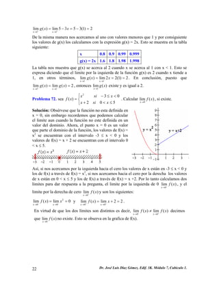 1 1
lim ( ) lim 5 3 5 3(1) 2
x x
g x x+ +
→ →
= − = − =
De la misma manera nos acercamos al uno con valores menores que 1 y por consiguiente
los valores de g(x) los calculamos con la expresión g(x) = 2x. Esto se muestra en la tabla
siguiente:
x 0.8 0.9 0.99 0.999
g(x) = 2x 1.6 1.8 1.98 1.998
La tabla nos muestra que g(x) se acerca al 2 cuando x se acerca al 1 con x < 1. Esto se
expresa diciendo que el limite por la izquierda de la función g(x) es 2 cuando x tiende a
1, en otros términos,
1 1
lim ( ) lim 2 2(1) 2
x x
g x x− −
→ →
= = = . En conclusión, puesto que
, entonces existe y es igual a 2.
1 1
lim ( ) lim ( ) 2
x x
g x g x+ −
→ →
= =
0
1
lim ( )
x
g x
→
Problema 72. sea
2
3
( )
2 0 5
x si x
f x
x si x
⎧ − ≤ <
= ⎨
+ < ≤⎩
. Calcular
0
lim ( )
x
f x
→
, si existe.
Solución: Obsérvese que la función no esta definida en
x = 0, sin embargo recordemos que podemos calcular
el limite aun cuando la función no este definida en un
valor del dominio. Ahora, el punto x = 0 es un valor
que parte el dominio de la función, los valores de f(x) =
x2
se encuentran con el intervalo -3 ≤ x < 0 y los
valores de f(x) = x + 2 se encuentran con el intervalo 0
< x ≤ 5.
Así, si nos acercamos por la izquierda hacia el cero los valores de x están en -3 ≤ x < 0 y
los de f(x) a través de f(x) = x2
, si nos acercamos hacia el cero por la derecha los valores
de x están en 0 < x ≤ 5 y los de f(x) a través de f(x) = x +2. Por lo tanto calculamos dos
límites para dar respuesta a la pregunta, el limite por la izquierda de 0
0
lim ( )
x
f x−
→
, y el
limite por la derecha de cero
0
lim ( )
x
f x+
→
y son los siguientes:
2
0 0
lim ( ) lim 0
x x
f x x− −
→ →
= = y
0 0
lim ( ) lim 2 2
x x
f x x+ +
→ →
= + = .
En virtud de que los dos límites son distintos es decir,
0 0
lim ( ) lim ( )
x x
f x f x− +
→ →
≠ decimos
que no existe. Esto se observa en la grafica de f(x).
0
lim ( )
x
f x
→
Dr. José Luis Díaz Gómez. Edif. 3K. Módulo 7, Cubículo 1.22
 