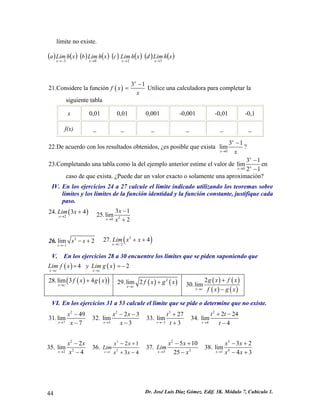 límite no existe.
( ) ( ) ( ) ( ) ( ) ( ) ( ) ( )xhLimdxhLimcxhLimbxhLima
xxxx 3203 →→→−→
21.Considere la función ( )
3 1x
f x
x
−
= Utilice una calculadora para completar la
siguiente tabla
x 0,01 0,01 0,001 -0,001 -0,01 -0,1
f(x) _ _ _ _ _ _
22.De acuerdo con los resultados obtenidos, ¿es posible que exista
0
3 1
lim
x
x x→
−
?
23.Completando una tabla como la del ejemplo anterior estime el valor de
0
3 1
lim
2 1
x
xx→
−
−
en
caso de que exista. ¿Puede dar un valor exacto o solamente una aproximación?
IV. En los ejercicios 24 a 27 calcule el límite indicado utilizando los teoremas sobre
límites y los límites de la función identidad y la función constante, justifique cada
paso.
24. (2
3 4
x
Lim x
→
+ ) 25. 20
3 1
lim
2x
x
x→
−
+
26. 2
1
lim 2
s
s s
→−
− + 27. ( )3
1/ 2
4
x
Lim x x
→
+ +
V. En los ejercicios 28 a 30 encuentre los límites que se piden suponiendo que
( ) ( )4 2
x c x c
Lim f x y Lim g x
→ →
= =−
28. ( ) ( )( )lim 3 4
x c
f x g x
→
+ 29. ( ) ( )2
lim 2
x c
f x g x
→
+ 30.
( ) ( )
( ) ( )
2
lim
x c
g x f x
f x g x→
+
−
VI. En los ejercicios 31 a 53 calcule el límite que se pide o determine que no existe.
31.
2
7
49
lim
7x
x
x→
−
−
32.
2
3
2 3
lim
3x
x x
x→
− −
−
33.
3
3
27
lim
3t
t
t→−
+
+
34.
2
4
2 24
lim
4t
t t
t→
+ −
−
35.
2
22
2
lim
4x
x x
x→
−
−
36.
3
21
2 1
3 4x
x x
Lim
x x→
− +
+ −
37.
2
25
5 10
25x
x x
Lim
x→
− +
−
38.
3
41
3 2
lim
4 3x
x x
x x→
− +
− +
Dr. José Luis Díaz Gómez. Edif. 3K. Módulo 7, Cubículo 1.44
 