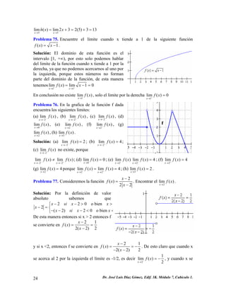 55lim()lim232(5)313xxhxx→→ =+=+= 
Problema 75. Encuentre el límite cuando x tiende a 1 de la siguiente función ()1fxx=−. 
Solución: El dominio de esta función es el intervalo [1, +∞), por esto solo podemos hablar del limite de la función cuando x tiende a 1 por la derecha, ya que no podemos acercarnos al uno por la izquierda, porque estos números no forman parte del dominio de la función, de esta manera tenemos11lim()lim10xxfxx++→→ =− = 
En conclusión no existe 1lim() xfx→ , solo el limite por la derecha 1lim()0xfx+→ = 
Problema 76. En la grafica de la función f dada encuentra los siguientes limites: 
(a) 2lim() xfx−→− , (b) 2lim() xfx+→− , (c) 2lim() xfx→− , (d) 0lim() xfx→ , (e) 2lim() xfx−→ , (f) 2lim() xfx+→ , (g) 2lim() xfx→ , (h) 3lim() xfx→ . 
Solución: (a) ; (b) 2lim()2xfx−→− = 2lim()4xfx+→− =; (c) 2lim() xfx→− no existe, porque 
22lim()lim() xxfxf−+→−→− ≠ x; (d) 0lim()0xfx→ =; (e) 2lim() xfx−→2lim()4xfx−→ =; (f) 2lim()4xfx+→ = 
(g) porque 2lim()4xfx→ = 22lim()lim()4xxfxfx−+→→ ==; (h) 3lim()2xfx→ =. 
Problema 77. Consideremos la función 2() 22xfxx− = − . Encontrar el 2lim() xfx→ . 
Solución: Por la definición de valor absoluto sabemos que 220o bien2(2)20o bien xsixxxxsixx−−> 
> ⎧ 
− = ⎨− − − < < ⎩ 
De esta manera entonces si x > 2 entonces f se convierte en 21() 2(2)2xfxx− == − 
y si x <2, entonces f se convierte en 2() 2(2)2xfxx 
1 − ==− −− . De esto claro que cuando x se acerca al 2 por la izquierda el límite es -1/2, es decir 21lim() 2xfx−→ =−, y cuando x se 
24 Dr. José Luis Díaz Gómez. Edif. 3K. Módulo 7, Cubículo 1. 
 
