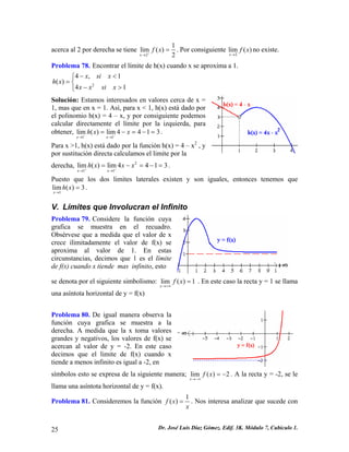 acerca al 2 por derecha se tiene 21lim() 2xfx+→ =. Por consiguiente 2lim() xfx→ no existe. 
Problema 78. Encontrar el límite de h(x) cuando x se aproxima a 1. 
24,1() 41xsixhxxxsix−<⎧ =⎨ −>⎩ 
Solución: Estamos interesados en valores cerca de x = 1, mas que en x = 1. Así, para x < 1, h(x) está dado por el polinomio h(x) = 4 – x, y por consiguiente podemos calcular directamente el límite por la izquierda, para obtener, . 11lim()lim4413xxhxx−−→→ =−=−= 
Para x >1, h(x) está dado por la función h(x) = 4 – x2 , y por sustitución directa calculamos el limite por la 
derecha, . 211lim()lim4413xxhxxx++→→ =−=− = 
Puesto que los dos limites laterales existen y son iguales, entonces tenemos que . 1lim()3xhx→ = 
V. Límites que Involucran el Infinito 
Problema 79. Considere la función cuya grafica se muestra en el recuadro. Obsérvese que a medida que el valor de x crece ilimitadamente el valor de f(x) se aproxima al valor de 1. En estas circunstancias, decimos que 1 es el límite de f(x) cuando x tiende mas infinito, esto 
se denota por el siguiente simbolismo: lim()1xfx→+∞ = . En este caso la recta y = 1 se llama una asíntota horizontal de y = f(x) 
Problema 80. De igual manera observa la función cuya grafica se muestra a la derecha. A medida que la x toma valores grandes y negativos, los valores de f(x) se acercan al valor de y = -2. En este caso decimos que el limite de f(x) cuando x tiende a menos infinito es igual a -2, en 
símbolos esto se expresa de la siguiente manera; lim()2xfx→−∞ =−. A la recta y = -2, se le llama una asíntota horizontal de y = f(x). 
Problema 81. Consideremos la función 1()fxx=. Nos interesa analizar que sucede con 
25 Dr. José Luis Díaz Gómez. Edif. 3K. Módulo 7, Cubículo 1. 
 