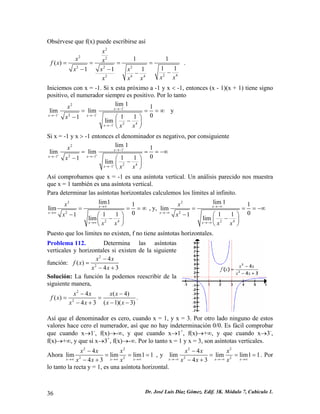 Obsérvese que f(x) puede escribirse así 
2222222424411() 11111xxxfxxxxxxxxx==== −−−− . 
Iniciemos con x = -1. Si x esta próximo a -1 y x < -1, entonces (x - 1)(x + 1) tiene signo positivo, el numerador siempre es positivo. Por lo tanto 21211241lim11limlim0111limxxxxxxxx− −− − →− →−→− →− == −⎛⎞−⎜⎟ ⎝⎠ 
= ∞ y 
Si x = -1 y x > -1 entonces el denominador es negativo, por consiguiente 21211241lim11limlim0111limxxxxxxxx− ++ + →− →−→− →− == −⎛⎞−⎜⎟ ⎝⎠ 
= −∞ 
Así comprobamos que x = -1 es una asíntota vertical. Un análisis parecido nos muestra que x = 1 también es una asíntota vertical. 
Para determinar las asíntotas horizontales calculemos los límites al infinito. 2224lim11lim0111limxxxxxxx→∞ →∞ →∞ ===∞ 
− ⎛ − ⎞ ⎜ ⎟ 
⎝ ⎠ 
, y, 
2 
2 
2 4 
lim 1 1 lim 
1 1 1 0 lim 
x 
x 
x 
x 
x 
x x 
→−∞ 
→−∞ 
→−∞ 
= = = −∞ 
− ⎛ − ⎞ ⎜ ⎟ 
⎝ ⎠ 
Puesto que los limites no existen, f no tiene asíntotas horizontales. 
Problema 112. Determina las asíntotas verticales y horizontales si existen de la siguiente función: 
2 4 
4 3 2()x f x x 
x x 
− 
= 
− + 
Solución: La función la podemos reescribir de la siguiente manera, 
224(4() (1)(343xxxxfxxxxx−− == −−−+ 
) 
) 
. 
Así que el denominador es cero, cuando x = 1, y x = 3. Por otro lado ninguno de estos valores hace cero el numerador, así que no hay indeterminación 0/0. Es fácil comprobar que cuando x→1-, f(x)→-∞, y que cuando x→1+, f(x)→+∞, y que cuando x→3-, f(x)→+∞, y que si x→3+, f(x)→-∞. Por lo tanto x = 1 y x = 3, son asíntotas verticales. 
Ahora 22224limlimlim1143xxxxxxxxx→∞→∞→∞ − == −+ 
= , y 22224limlimlim1143xxxxx 
x xxx→−∞→−∞→∞ − === −+ . Por lo tanto la recta y = 1, es una asíntota horizontal. 
36 Dr. José Luis Díaz Gómez. Edif. 3K. Módulo 7, Cubículo 1. 
 