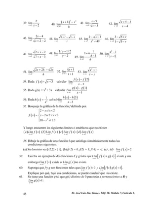 39. 22lim2xx→− 
40. ()330limhxhxh→ +− 
41. 99lim3sss→ − − 
42. 453lim4xxx→ +− − 
43. 224lim22sss→ − +− 
44. 011limttt→ +−−t 
45. 2723lim49xxx→ −− − 
46. 435lim15xrr→ −+ −− 
47. 22lim73xxx→ +− +− 
2 
48. 21/1/2lim2yyy→ − − 
49. 0111limhhhh→ + − 
50. 211lim1xxx→ − − 
51. 0222limhxhh→ +− x 
52. 311lim1ttt→− + + 
53. 21limtxxtx→ + − 
54. Dada ()3fxx=+ calcular ()() 22lim2xfxfx→ − − 
55. Dada g(x) = x2 + 3x calcular ()() 111xgxgLimx→ − − 
56. Dada()()() 2331lim3xhxhhxcalculexx→ − = − 
57. Bosqueje la gráfica de la función f definida por. () 222223103xsixfxxsixxsi⎧−< ⎪=−<<⎨⎪ −≥⎩ 
Y luego encuentre los siguientes límites o establezca que no existen ()()()()()()()() 2315xxxxaLimfxbLimfxcLimfxdLimfx→→→→ 
58. Dibuje la gráfica de una función f que satisfaga simultáneamente todas las condiciones siguientes: 
(a) Su dominio sea [-2,2] - {1}, (b) f(-2) = 0, f(2) = 3, f(-1) = -1, (c) , (d) () 1lim2xfx→ = 
59. Escriba un ejemplo de dos funciones f y g tales que()() 2xLimfxgx→ ⎡⎤+⎣⎦ existe y sin embargo() 2xLimfx→ existe o () 2xLimgx→ no existe. 
60. Suponga que f y g son funciones tales que()()()[]10== →→ xgxfLimyxfLimcxcx. Explique por qué, bajo esa condiciones, se puede concluir que no existe. 
61. Se tiene una función g tal que g(x) distinto de 0 para todo x pertenecientes a R y ():10= → xgLimx 
45 Dr. José Luis Díaz Gómez. Edif. 3K. Módulo 7, Cubículo 1. 
 