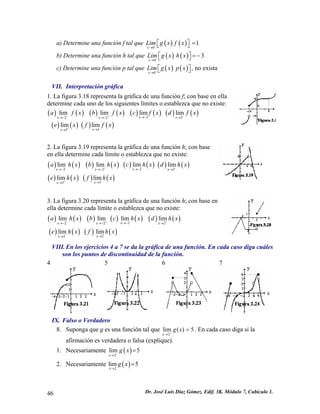 a) Determine una función f tal que ()() 01xLimgxfx→ ⎡⎤=⎣⎦ b) Determine una función h tal que ()() 03xLimgxhx→ ⎡⎤=−⎣⎦ c) Determine una función p tal que ()() 0xLimgxpx→ ⎡⎤⎣⎦, no exista 
VII. Interpretación gráfica 
1. La figura 3.18 representa la gráfica de una función f; con base en ella determine cada uno de los siguientes límites o establezca que no existe: 
()()()()()()()() 2223limlimlimlimxxxxafxbfxcfxdf−+→−→−→−→ ( 
x − 
)()()() 33limlimxxexffx+→→ 
2. La figura 3.19 representa la gráfica de una función h; con base en ella determine cada límite o establezca que no existe: 
()()()()()()()() 2223limlimlimlimxxxxahxbhxchxdhx−+−→−→−→−→ 
()()()() 33limlimxxehxfh+→→ 
x 
3. La figura 3.20 representa la gráfica de una función h; con base en ella determine cada límite o establezca que no existe: 
()()()()()()() 2222limlimlimlimxxxxahxbchxdhx−++→−→−→−→ 
()()()() 22limlimxxehxfh−→→ 
x 
VIII. En los ejercicios 4 a 7 se da la gráfica de una función. En cada caso diga cuáles son los puntos de discontinuidad de la función. 
4 
5 
6 
7 
IX. Falso o Verdadero 
8. Suponga que g es una función tal que 2lim()5xgx+→ =. En cada caso diga si la afirmación es verdadera o falsa (explique). 
1. Necesariamente () 2lim5xgx−→ = 
2. Necesariamente () 2lim5xgx→ = 46 Dr. José Luis Díaz Gómez. Edif. 3K. Módulo 7, Cubículo 1. 
 
