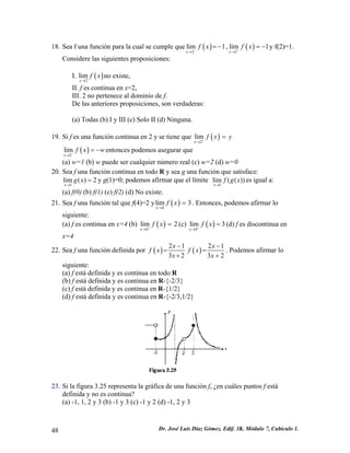 18. Sea f una función para la cual se cumple que() 2lim1xfx−→ =−,() 2lim1xfx+→ =−y f(2)=1. Considere las siguientes proposiciones: 
I. () 2limxfx→ no existe, II. f es continua en x=2, III. 2 no pertenece al dominio de f. De las anteriores proposiciones, son verdaderas: 
(a) Todas (b) I y III (c) Solo II (d) Ninguna. 
19. Si f es una función continua en 2 y se tiene que () 2limxfxy+→ = () 2limxfx−→ =−wentonces podemos asegurar que (a) w=1 (b) w puede ser cualquier número real (c) w=2 (d) w=0 
20. Sea f una función continua en todo R y sea g una función que satisface: y 1lim()2xgx→ =g(1)=0; podemos afirmar que el límite 1lim(()) xfgx→ es igual a: (a) f(0) (b) f(1) (c) f(2) (d) No existe. 
21. Sea f una función tal que f(4)=2 y() 4lim3xfx→ =. Entonces, podemos afirmar lo siguiente: (a) f es continua en x=4 (b) () 4lim2xfx+→ =(c) () 4lim3xfx+→ =(d) f es discontinua en x=4 
22. Sea f una función definida por ()2132xfxx− = + ()2132xfxx− = + . Podemos afirmar lo siguiente: (a) f está definida y es continua en todo R (b) f está definida y es continua en R-{-2/3} (c) f está definida y es continua en R-{1/2} (d) f está definida y es continua en R-{-2/3,1/2} 
23. Si la figura 3.25 representa la gráfica de una función f, ¿en cuáles puntos f está definida y no es continua? (a) -1, 1, 2 y 3 (b) -1 y 3 (c) -1 y 2 (d) -1, 2 y 3 48 Dr. José Luis Díaz Gómez. Edif. 3K. Módulo 7, Cubículo 1. 
 