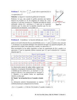 Problema 7. Si, 24)( 2− − = xxxf ¿a qué valor se aproxima f(x) si x se aproxima a 2? 
Solución: La figura 6.1 muestra la gráfica de la función. 
Podemos ver que, aún cuando la gráfica presenta una ruptura (hueco) en el punto (2, 4), las imágenes de valores de x muy cercanos a 2 son muy cercanas a 4. También una tabla de valores utilizando valores de x próximos a 2 tanto por la izquierda (menores que 2) como por la derecha (mayores que 2), nos convence de esa situación , ver la Tabla 1.6 
Hacia 2 por la izquierda 
2 
Hacia 2 por la derecha 
x 
1.5 
1.9 
1.99 
1.999 
2.001 
2.01 
2.1 
2.5 
f(x) 
3.5 
3.9 
3.99 
3.999 
4.001 
4.01 
4.1 
4.5 
Hacia 4 por la izquierda 
4 
Hacia 4 por la derecha 
Problema 8. Considérese la función definida por 22() 1 
1 xxfxx−− = − , x ≠1; el único punto en el cual la función f(x) no está definida es en x = 1, pero, en puntos muy cerca de 1, la función si se encuentra definida. Esta situación da lugar a la siguiente pregunta: ¿Se aproxima f(x) a algún valor específico, cuando x se aproxima a 1? 
Para investigarlo en las tablas siguientes se hace un seguimiento de f(x), cuando x se aproxima a 1 por la izquierda (valores menores que 1) y por la derecha de 1 (valores mayores que 1). 
Hacia el 1 por la izquierda 
x 
0 
0.3 
0.5 
0.75 
0.9 
0.95 
0.99 
0.995 
0.999 
0.9995 
0.9999 
f(x) 
1 
1.6 
2 
2.5 
2.8 
2.9 
2.98 
2.99 
2.998 
2.999 
2.9998 
Hacia el 1 por la derecha 
x 
2 
1.7 
1.5 
1.25 
1.1 
1.05 
1.01 
1.005 
1.001 
1.0005 
1.0001 
f(x) 
5 
4.4 
4.0 
3.5 
3.2 
3.1 
3.02 
3.01 
3.002 
3.001 
3.0002 
La observación atenta de ambas tablas sugiere una respuesta a la pregunta formulada antes. Nótese que a medida que los valores de x, se "acercan" a 1, sin tomar el valor de 1, los valores de f(x) se "acercan" a 3. Dándole a la palabra límite un significado intuitivo, se dice que: 
El "límite" de la función f(x) es 3 cuando x tiende a 1. 
La afirmación anterior frecuentemente se expresa simbólicamente por cualquiera de las formas: 
1 xcuando ,3)(→→xf(Se lee: f(x) tiende a 3 cuando x tiende a 1). 
6 Dr. José Luis Díaz Gómez. Edif. 3K. Módulo 7, Cubículo 1. 
 