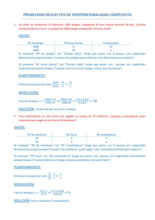 PROBLEMAS RESUELTOS DE PROPORCIONALIDAD COMPUESTA 
1. Un  taller  de  confección  ha  fabricado  1600  abrigos,  trabajando  8  horas  diarias  durante  10  días.  ¿Cuánto 
tiempo tardará en servir un pedido de 2000 abrigos trabajando 10 horas al día? 
DATOS: 
Nº de abrigos  Nº horas diarias  Tiempo (días) 
1600  8  10 
2000  10  x 
Al  comparar  “Nº  de  abrigos”  con  “Tiempo  (días)”  tengo  que  poner  una  D  porque  son  magnitudes 
directamente proporcionales (“cuantos más abrigos quiera fabricar, más días tendré que emplear”). 
Al  comparar  “Nº  horas  diarias”  con  “Tiempo  (días)”  tengo  que  poner  una  I  porque  son  magnitudes 
inversamente proporcionales (“cuantas más horas al día trabaje, menos días necesitaré”) 
PLANTEAMIENTO: 
Entonces la proporción será:   
RESOLUCIÓN: 
Y de ahí despejo:
2000 8 10
1600 10
2000 8 10
1600 10
2 2 5 2 2 2
2 2 2 2
10
SOLUCIÓN: Tardará 10 días en servir el pedido. 
2. Tres  cosechadoras  en  tres  horas  han  segado  un  campo  de  27  hectáreas.  ¿Cuántas  cosechadoras  serán 
necesarias para segar en dos horas 36 hectáreas? 
DATOS: 
Nº de hectáreas  Nº horas   Nº cosechadoras 
27  3  3 
36  2  x 
Al  comparar  “Nº  de  hectáreas”  con  “Nº  cosechadoras”  tengo  que  poner  una  D  porque  son  magnitudes 
directamente proporcionales (“cuantos más hectáreas  quiera segar, más cosechadoras tendré que emplear”). 
Al comparar “Nº horas” con “Nº cosechadoras” tengo que poner una I porque son magnitudes inversamente 
proporcionales (“cuantas más horas trabaje, menos cosechadoras me harán falta”) 
PLANTEAMIENTO: 
Entonces la proporción será:   
RESOLUCIÓN: 
Y de ahí despejo:
36 3 3
27 2
2 3 2 3 3 3
3 3 3 2
6
SOLUCIÓN: Serán necesarias 6 cosechadoras. 
 
 