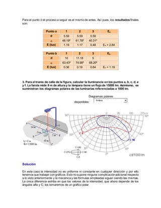Para el punto b el proceso a seguir es el mismo de antes. Así pues, los resultados finales
son:
Punto a 1 2 3 Ea
d 5.59 5.59 5.59
48.19º 61.78º 40.31º
E (lux) 1.19 1.17 0.48 Ea = 2.84
Punto b 1 2 3 Eb
d 10 11.18 5
63.43º 74.98º 68.20º
E (lux) 0.36 0.19 0.64 Eb = 1.19
3. Para el tramo de calle de la figura, calcular la iluminancia en los puntos a, b, c, d, e
y f. La farola mide 8 m de altura y la lámpara tiene un flujo de 15000 lm. Asimismo, se
suministran los diagramas polares de las luminarias referenciadas a 1000 lm.
Diagramas polares
disponibles:
Ambos
Solución
En este caso la intensidad no es uniforme ni constante en cualquier dirección y por ello
tenemos que trabajar con gráficos.Esto no supone ninguna complicaciónadicional respecto
a lo visto anteriormente y la mecánica y las fórmulas empleadas siguen siendo las mismas.
La única diferencia estriba en que los valores de la intensidad, que ahora depende de los
ángulos alfa y C, los tomaremos de un gráfico polar.
 