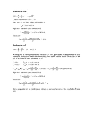 Iluminancia en b:
Iluminancia en f:
A este punto le correspondería una curva de C = 135º, pero como no disponemos de esta
hemos de interpolar la intensidad luminosa a partir de los valores de las curvas de C = 90º
y C = 180ºpara un valor de alfa de 51.3º.
Como se puede ver, la mecánica de cálculo es siempre la misma y los resultados finales
son:
 