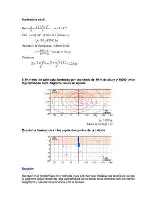 Iluminancia en d:
5. Un tramo de calle está iluminado por una farola de 10 m de altura y 10000 lm de
flujo luminoso cuyo diagrama isolux se adjunta.
Calcular la iluminancia en los siguientes puntos de la calzada:
Solución
Resolver este problema es muy sencillo, pues sólo hay que trasladar los puntos de la calle
al diagrama isolux dividiendo sus coordenadas por la altura de la luminaria, leer los valores
del gráfico y calcular la iluminancia con la fórmula.
 