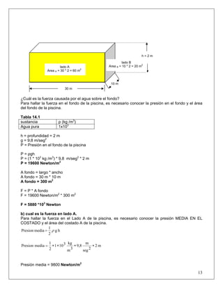 ¿Cuál es la fuerza causada por el agua sobre el fondo?
Para hallar la fuerza en el fondo de la piscina, es necesario conocer la presión en el fondo y el área
del fondo de la piscina.
Tabla 14.1
sustancia ρ (kg /m3
)
Agua pura 1x103
h = profundidad = 2 m
g = 9,8 m/seg2
P = Presión en el fondo de la piscina
P = ρgh
P = (1 * 103
kg /m3
) * 9,8 m/seg2
* 2 m
P = 19600 Newton/m2
A fondo = largo * ancho
A fondo = 30 m * 10 m
A fondo = 300 m2
F = P * A fondo
F = 19600 Newton/m2
* 300 m2
F = 5880 *103
Newton
b) cual es la fuerza en lado A.
Para hallar la fuerza en el Lado A de la piscina, es necesario conocer la presión MEDIA EN EL
COSTADO y el área del costado A de la piscina.
hg
2
1
mediaPresion ρ=
Presión media = 9800 Newton/m2
13
10 m
30 m
Costado A
h = 2 m
lado A
Area A = 30 * 2 = 60 m
2
lado B
Area B = 10 * 2 = 20 m
2
m2
2seg
m
9,8
3m
kg3101
2
1
mediaPresion ∗∗∗∗=
 
