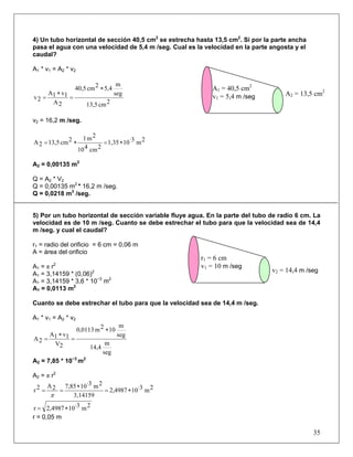 4) Un tubo horizontal de sección 40,5 cm2
se estrecha hasta 13,5 cm2
. Si por la parte ancha
pasa el agua con una velocidad de 5,4 m /seg. Cual es la velocidad en la parte angosta y el
caudal?
A1 * v1 = A2 * v2
2cm13,5
seg
m
5,42cm40,5
2A
1v1A
2v
∗
=
∗
=
v2 = 16,2 m /seg.
2m·3101,35
2cm410
2m12cm13,52A ∗=∗=
A2 = 0,00135 m2
Q = A2 * V2
Q = 0,00135 m2
* 16,2 m /seg.
Q = 0,0218 m3
/seg.
5) Por un tubo horizontal de sección variable fluye agua. En la parte del tubo de radio 6 cm. La
velocidad es de 10 m /seg. Cuanto se debe estrechar el tubo para que la velocidad sea de 14,4
m /seg. y cual el caudal?
r1 = radio del orificio = 6 cm = 0,06 m
A = área del orificio
A1 = π r2
A1 = 3,14159 * (0,06)2
A1 = 3,14159 * 3,6 * 10−3
m2
A1 = 0,0113 m2
Cuanto se debe estrechar el tubo para que la velocidad sea de 14,4 m /seg.
A1 * v1 = A2 * v2
seg
m
14,4
seg
m
102m0,0113
2V
1v1A
2A
∗
=
∗
=
A2 = 7,85 * 10−3
m2
A2 = π r2
2m·3102,4987
3,14159
2m·3107,852A2r ∗=
∗
==
π
2m·3102,4987r ∗=
r = 0,05 m
35
A1 = 40,5 cm2
v1 = 5,4 m /seg A2 = 13,5 cm2
r1 = 6 cm
v1 = 10 m /seg
v2 = 14,4 m /seg
 