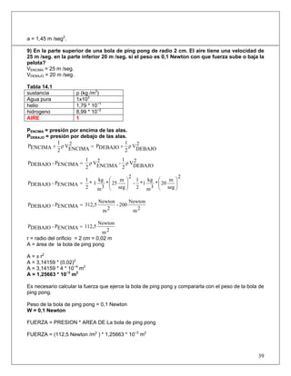 a = 1,45 m /seg2
.
9) En la parte superior de una bola de ping pong de radio 2 cm. El aire tiene una velocidad de
25 m /seg. en la parte inferior 20 m /seg. si el peso es 0,1 Newton con que fuerza sube o baja la
pelota?
VENCIMA = 25 m /seg.
VDEBAJO = 20 m /seg.
Tabla 14.1
sustancia ρ (kg /m3
)
Agua pura 1x103
helio 1,79 * 10−1
hidrogeno 8,99 * 10−2
AIRE 1
PENCIMA = presión por encima de las alas.
PDEBAJO = presión por debajo de las alas.
2
DEBAJO
Vρ
2
1
DEBAJOP2
ENCIMA
Vρ
2
1
ENCIMAP +=+
2
DEBAJO
Vρ
2
1
-2
ENCIMA
Vρ
2
1
ENCIMAP-DEBAJOP =
2
seg
m
20*
3m
kg
1*
2
1
-
2
seg
m
25*
3m
kg
1*
2
1
ENCIMAP-DEBAJOP ⎟⎟
⎠
⎞
⎜⎜
⎝
⎛
⎟⎟
⎠
⎞
⎜⎜
⎝
⎛
=
2m
Newton
200-
2m
Newton
312,5ENCIMAP-DEBAJOP =
2m
Newton
112,5ENCIMAP-DEBAJOP =
r = radio del orificio = 2 cm = 0,02 m
A = área de la bola de ping pong
A = π r2
A = 3,14159 * (0,02)2
A = 3,14159 * 4 * 10−4
m2
A = 1,25663 * 10−3
m2
Es necesario calcular la fuerza que ejerce la bola de ping pong y compararla con el peso de la bola de
ping pong.
Peso de la bola de ping pong = 0,1 Newton
W = 0,1 Newton
FUERZA = PRESION * AREA DE La bola de ping pong
FUERZA = (112,5 Newton /m2
) * 1,25663 * 10−3
m2
39
 