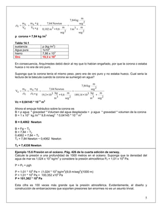 2seg
m3m1
2seg
m
kg7,84
2seg
m
9,83m0,102
Newton7,84
gcV
gcm
cV
cm
c
∗
=
∗
=
∗
∗
==ρ
ρ corona = 7,84 kg /m3
Tabla 14.1
sustancia ρ (kg /m3
)
Agua pura 1x103
hierro 7,86 x 103
Oro 19,3 x 103
En consecuencia, Arquímedes debió decir al rey que lo habían engañado, por que la corona o estaba
hueca o no era de oro puro.
Suponga que la corona tenía el mismo peso, pero era de oro puro y no estaba hueco. Cual seria la
lectura de la báscula cuando la corona se sumergió en agua?
2seg
m
3m
kg310189,14
2seg
m
kg7,84
2seg
m
9,8
3m
kg31019,3
Newton7,84
gc
gcm
c
cm
cV
∗∗
=
∗∗
=
∗
∗
==
ρρ
Vc = 0,04145 * 10−3
m3
Ahora el empuje hidráulico sobre la corona es
B = ρ agua * gravedad * Volumen del agua desplazada = ρ agua * gravedad * volumen de la corona
B = 1 x 103
kg /m3
* 9,8 m/seg2
* 0,04145 * 10−3
m3
B = 0,4062 Newton
B = Fg − T2
B = 7,84 − T2
0,4062 = 7,84 − T2
T2 = 7,84 Newton − 0,4062 Newton
T2 = 7,4338 Newton
Ejemplo 15.6 Presión en el océano. Pág. 426 de la cuarta edición de serway.
Calcule la presión a una profundidad de 1000 metros en el océano. Suponga que la densidad del
agua de mar es 1,024 x 103
kg/m3
y considere la presión atmosférica P0 = 1,01 x 105
Pa.
P = P0 + ρgh
P = 1,01 * 105
Pa + (1,024 * 103
kg/m3
)(9,8 m/seg2
)(1000 m)
P = 1,01 * 105
Pa + 100,352 x105
Pa
P = 101,362 * 105
Pa
Esta cifra es 100 veces más grande que la presión atmosférica. Evidentemente, el diseño y
construcción de embarcaciones que soporten presiones tan enormes no es un asunto trivial.
5
 