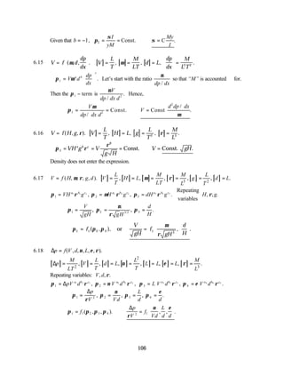 106
Given that 1
b = − , 1 Const. C .
I My
yM I
σ
π σ
= = ∴ =
6.15 [ ] [ ] [ ]
V f d
dp
dx
V
L
T
M
LT
d L
dp
dx
M
L T
=





 = = =





 =
( , , . , , , .
µ µ 2 2
∴ =






π µ
1 V d
dp
dx
a b
c
. Let’s start with the ratio
µ
dp dx
/
so that “M” is accounted for.
Then the π1 − term is
µV
dp dx d
/
.
2
Hence,
π
µ
µ
1 2
2
= = ∴ =
V
dp dx d
V
d dp dx
/
/
.
Const. Const
6.16 [ ] [ ] [ ] [ ]
V f H g V
L
T
H L g
L
T
M
L
= = = = =
( , , ). , , , .
ρ ρ
2 3
∴ = = = ∴ =
π ρ
ρ
1
0
VH g V
g H
V gH
a b c
Const. Const. .
Density does not enter the expression.
6.17 [ ] [ ] [ ] [ ] [ ] [ ]
3 2
( , , , , ). , , , , , .
L M M L
V f H g d V H L g d L
T LT L T
µ ρ µ ρ
= = = = = = =
π ρ π µ ρ π ρ
1 2
1 1 1 2 2 2 3 3 3
= = =
VH g H g dH g
a b c a b c a b c
, , .
3
Repeating
variables



H g
, , .
ρ
π π
µ
ρ
π
1 2 3 2 3
= = =
V
gH gH
d
H
, , .
/
∴ = =








π π π
µ
ρ
1 1 2 3 1 3
f
V
gH
f
gH
d
H
( , ), , .
or
6.18 ∆p f V d L
= ( , , , , , ).
ν ε ρ
[ ] [ ] [ ] [ ] [ ] [ ] [ ]
2
2 3
, , , , , , .
M L L M
p V d L L L L
T T
LT L
ν ε ρ
∆ = = = = = = =
Repeating variables: V d
, , .
ρ
π ρ π ν ρ π ρ π ε ρ
1 2 3 4
1 1 1 2 2 2 3 3 3 4 4 4
= = = =
∆pV d V d L V d V d
a b c a b c a b c a b c
, , , .
∴ = = = =
π
ρ
π
ν
π π
ε
1 2 3
∆p
V Vd
L
d d
, , , .
2 4
π π π π
ρ
ν ε
1 1 2 3 4 2 1
= ∴ =






f
p
V
f
Vd
L
d d
( , , ). , , .
∆
 