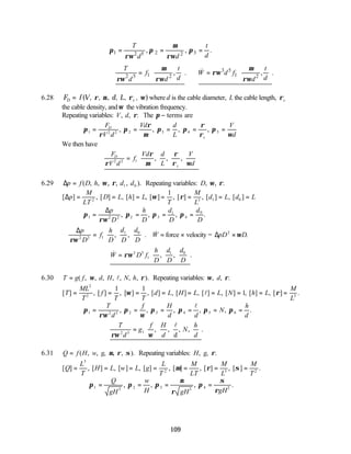 109
1 2 3
2 5 2
, , .
T t
d
d d
µ
π π π
ρω ρω
∴ = = =
3 5
1 1
2 5 2 2
, . , .
T t t
f W d f
d d
d d d
µ µ
ρω
ρω ρω ρω
   
∴ = =
   
   
   
&
6.28 F f V d L
D c
= ( , , , , , , )
ρ µ ρ ω where d is the cable diameter, L the cable length, ρc
the cable density, andω the vibration frequency.
Repeating variables: V d
, , .
ρ The π − terms are
π
ρ
π
ρ
µ
π π
ρ
ρ
π
ω
1 2 2 2 3 4 5
= = = = =
F
V d
Vd d
L
V
d
D
c
, , , ,
We then have
F
V d
f
Vd d
L
V
d
D
c
ρ
ρ
µ
ρ
ρ ω
2 2 1
=






, , ,
6.29 ∆p f D h d d
= ( , , , , , ).
ω ρ 1 0 Repeating variables: D, , .
ω ρ
[ ] , [ ] , [ ] , [ ] , [ ] , [ ] , [ ]
∆p
M
LT
D L h L
T
M
L
d L d L
= = = = = = =
2 3 1 0
1
ω ρ
π
ρω
π π π
1 2 2 2 3
1
4
0
= = = =
∆p
D
h
D
d
D
d
D
, , , .
∴ = 




 =
∆p
D
f
h
D
d
D
d
D
W
ρω 2 2 1
1 0
, , . & force × velocity = ∆pD D
2
×ω .
∴ =






& , , .
W D f
h
D
d
D
d
D
ρω3 5
1
1 0
6.30 T g f d H N h
= ( , , , , , , ).
,
ω ρ
l Repeating variables: ω ρ
, , .
d
[ ] , [ ] , [ ] , [ ] , [ ] , [ ] , [ ] , [ ] , [ ] .
T
ML
T
f
T T
d L H L L N h L
M
L
= = = = = = = = =
2
2 3
1 1
1
ω ρ
l
π
ρω
π
ω
π π π π
1 2 5 2 3 4 5 6
= = = = = =
T
d
f H
d d
N
h
d
, , , , , .
l
∴ = 





T
d
g
f H
d
N
h
d
ρω ω
2 5 1 , , , , .
d
l
6.31 Q f H w g
= ( , , , , , ).
µ ρ σ Repeating variables: H g
, , .
ρ
[ ] , [ ] , [ ] , [ ] , [ ] , [ ] , [ ] .
Q
L
T
H L w L g
L
T
M
LT
M
L
M
T
= = = = = = =
3
2 3 2
µ ρ σ
∴ = = = =
π π π
µ
ρ
π
σ
ρ
1 5 2 3 3 4 2
Q
gH
w
H gH gH
, , , .
 
