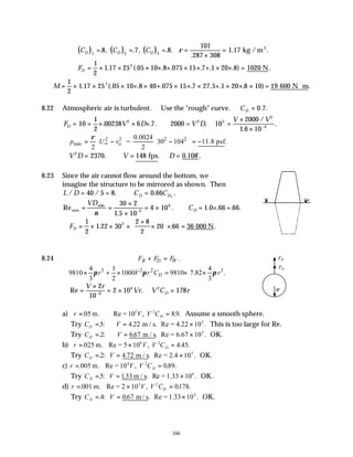 166
( ) ( ) ( )
∴ = = = =
×
=
C C C
D D D
1 2 3
8 7 8
101
287 308
1 17
. , . , . .
.
. .
kg / m3
ρ
∴ = × × × × + × × + × × =
FD
1
2
1 17 25 05 10 8 075 15 7 1 20 8 1020
2
. (. . . . . . ) .
N
M = × × × × × + × × × + × × × = ⋅
1
2
1 17 25 05 10 8 40 075 15 7 27 5 1 20 8 10 19
2
. (. . . . . . . ) .
600 N m
8.22 Atmospheric air is turbulent. ∴Use the "rough" curve. ∴ =
CD 0 7
. .
F V D V D
V V
D = = × × × ∴ =
×
× −
10
1
2
00238 6 7 2000 10
2000
1 6 10
2 5
2
4
. . . .
/
.
.
= 2
2 2 2 2
min o
0.0024
= 30 104 11.8 psf.
2 2
p U v
ρ
∞
   
∴ = − − = −
   
∴ = ∴ = =
V D V D
2
2370 148 0 108
. . . '.
fps
8.23 Since the air cannot flow around the bottom, we
imagine the structure to be mirrored as shown. Then
L D C C
D D
/ / . . .
= = ∴ = ∞
40 5 8 0 66
Re
.
. . . . .
min
min
= =
×
×
= × ∴ = × =
−
VD
CD
ν
30 2
1 5 10
4 10 1 0 66 66
5
6
∴ = × × ×
+
×





× =
FD
1
2
1 22 30
2 8
2
20 66 36
2
. . .
000 N
8.24 .
B D W
F F F
+ =
3 2 2 3
4 1 4
9810 1000 9810 7.82 .
3 2 3
D
r V r C r
π π π
× + × = × ×
Re .
=
×
= ×
−
V r
Vr
2
10
2 10
6
6
∴ =
V C r
D
2
178
a) r V V CD
= ∴ =
. , . .
05 89
2
m. Re = 105
Assume a smooth sphere.
Try C V
D = ∴ = ×
. : . .
5 4 22 m / s. Re = 4.22 105
This is too large for Re.
Try C V
D = ∴ = ×
. : . .
2 667 m / s. Re = 6.67 105
OK.
b) r V V CD
= × =
. , . .
025 4 45
2
m. Re = 5 104
Try C V
D = = ×
. : . .
2 4 72 m / s. Re = 2.4 105
OK.
c) r V V CD
= =
. , . .
005 089
2
m. Re = 104
Try C V
D = = ×
. : . .
5 133 m / s. Re = 1.33 104
OK.
d) r V V CD
= × =
. , . .
001 0178
2
m. Re = 2 103
Try C V
D = = ×
. : . .
4 067 m / s. Re = 1.33 103
OK.
W
FB
FD
 