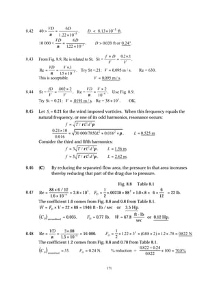 171
8.42 5
5
6
40 . 8.13 10 ft.
1.22 10
VD D
D
ν
−
−
> = ∴ < ×
×
10
6
122 10
0020
5
000 < ft or 0.24"
VD D
D
ν
=
×
∴ >
−
.
. . .
8.43 From Fig. 8.9, Re is related to St. St =
f D
V V
×
=
×
02 1
. .
.
Re
.
.
. .
= =
×
×
= ∴
−
VD V
V
ν
1
15 10
0 095
5 Try St =.21: m / s. Re = 630.
This is acceptable. ∴ =
V 0095
. .
m / s
8.44 St = Re = Use Fig. 8.9.
fD
V V
VD V
=
×
=
×
−
.
. .
002 2 2
10
6
ν
Try St = 0.21: m / s Re = 38 10 OK.
3
V = × ∴
. . .
0191
8.45 Let St = 0.21 for the wind imposed vorticies. When this frequency equals the
natural frequency, or one of its odd harmonics, resonance occurs:
f T L d
= / ρ π
2 2
2 2
0.21 10
30 000/7850 0.016 . 0.525 m
0.016
L L
π
×
= × × ∴ =
Consider the third and fifth harmonics:
f T L d
= 3 2 2
/ .
ρ π ∴ =
L 1.56 m.
f T L d
= 5 2 2
/ .
ρ π ∴ =
L 2.62 m.
8.46 (C) By reducing the separated flow area, the pressure in that area increases
thereby reducing that part of the drag due to pressure.
Fig. 8.8 Table 8.1
8.47 Re
/
.
. . . . .
=
×
×
= × = × × × × × ×





 =
−
88 6 12
1 6 10
2 8 10
1
2
00238 88 1 0 8 6
6
12
4
5 2
22 lb.
FD
The coefficient 1.0 comes from Fig. 8.8 and 0.8 from Table 8.1.
& .
W F V
D
= × = × =
22 88 1946 ft - lb /sec or 3.5 Hp
( )
C F W
D D
streamlined
lb.
ft - lb
sec
or 0.12 Hp
= ∴ = =
0 035 0 77 67 8
. . . & . .
8.48 Re
.
.
.
= =
×
×
=
−
VD
ν
3 08
1 5 10
16
5
000 ∴ = × × × × × × =
FD
1
2
122 3 008 2 12 78 0822
2
. ( . ) . . . N
The coefficient 1.2 comes from Fig. 8.8 and 0.78 from Table 8.1.
( )
C F
D D
streamlined
N. % reduction =
= ∴ = ∴
−
× =
. . .
. .
.
.
35 0 24
0822 0 24
0822
100 708%
 