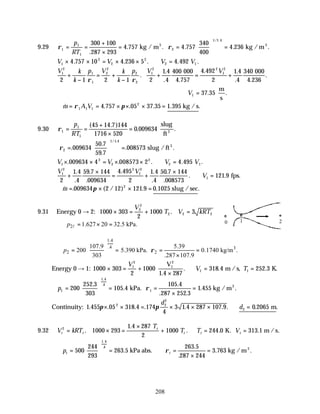 208
9.29 ρ ρ
1
1
1
2
1 1 4
300 100
287 293
4 757 4 757
340
400
4 236
= =
+
×
= =





 =
p
RT .
. . . . .
/ .
kg / m kg /m
3 3
V V V V
1
2
2
2
2 1
4 757 10 4 236 5 4 492
× × = × × ∴ =
. . . . .
V k
k
p V k
k
p V V
1
2
1
1
2
2
2
2
1
2 2
1
2
2 1 2 1 2
1 4
4
400 4 492
2
1 4
4
340
+
−
= +
−
+ = +
ρ ρ
.
.
.
. .
.
.
000
4.757
000
4.236
∴ =
V1 37 35
. .
m
s
∴ = = × × × =
& . . . . .
m A V
ρ π
1 1 1
2
4 757 05 37 35 1 395 kg /s
9.30 ρ1
1
1
45 14 7 144
1716 520
0 009634
= =
+
×
=
p
RT
( . )
. .
slug
ft3
slug /ft3
ρ2
1 1 4
009634
50 7
59 7
008573
=





 =
.
.
.
. .
/ .
V V V V
1
2
2
2
2 1
009634 4 008573 2 4 495
× × = × × ∴ =
. . . . .
V V
V
1
2 2
1
2
1
2
1 4
4
59 7 144 4 495
2
1 4
4
50 7 144
121 9
+
×
= +
×
∴ =
.
.
. . .
.
.
. .
.009634 .008573
fps.
∴ = × × =
& . ( / ) . . .
m 009634 2 12 121 9 0 1025
2
π slug /sec
9.31 Energy 0 → 2: 1000 303
2
1000 3
2
2
2 2 2
× = + =
V
T V kRT
.
2 1.627 20 32.5 kPa.
p
∴ = × =
l
1.4
.4 3
2 2
107.9 5.39
200 5.390 kPa. 0.1740 kg/m .
303 .287 107.9
p ρ
 
∴ = = = =
 
×
 
Energy 0 → 1: 1000 303
2
1000
1 4 287
318 4 252 3
1
2
1 1
× = +
×
∴ = =
V
V T
V
m /s, K.
1
2
.
. . .
p1
1 4
4
1
200
252 3
303
105 4
105 4
287 252 3
1 455
=





 = =
×
=
.
.
.
. .
. .
.
.
kPa. kg /m3
ρ
Continuity: 1 455 05 318 4 174
4
3 1 4 287 107 9 0 2065
2 2
2
2
. . . . . . . . .
π π
× × = × × × ∴ =
d
d m
9.32 V kRT
T
T T V
t t
t
t t t
2
1000 293
1 4 287
2
1000 244 0 313 1
= × =
×
+ ∴ = =
.
.
. . .
K. m / s.
∴ =





 = ∴ =
×
=
pt t
500
244
293
263 5
263 5
287 244
3 763
1 4
4
.
.
.
.
.
. .
kPa abs. kg /m3
ρ
0 1 2
 