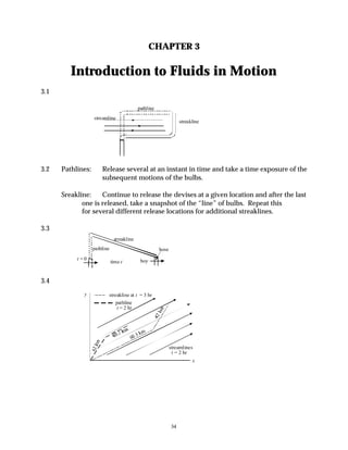 34
CHAPTER 3
Introduction to Fluids in Motion
3.1
3.2 Pathlines: Release several at an instant in time and take a time exposure of the
subsequent motions of the bulbs.
Sreakline: Continue to release the devises at a given location and after the last
one is released, take a snapshot of the “line” of bulbs. Repeat this
for several different release locations for additional streaklines.
3.3
3.4
streakline
pathline
streamline
streakline
pathline hose
boy
time t
t = 0
streamlines
t = 2 hr
pathline
t = 2 hr
streakline at t = 3 hr
y
x
 