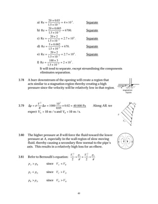 49
a) Re
.
.5
.
=
×
×
= ×
−
20 0 03
1 10
4 10
5
4
∴Separate
b) Re
.
.5
.
=
×
×
=
−
20 0 005
1 10
6700
5
∴Separate
c) Re
.5
. .
=
×
×
= ×
−
20 2
1 10
2 7 10
5
6
∴Separate
d) Re
.
.5
.
=
×
×
=
−
5 0 002
1 10
670
5
∴Separate
e) Re
.5
. .
=
×
×
= ×
−
20 2
1 10
2 7 10
5
6
∴Separate
f) Re
.5
.
=
×
×
= ×
−
100 3
1 10
2 10
5
7
∴It will tend to separate, except streamlining the components
eliminates separation.
3.78 A burr downstream of the opening will create a region that
acts similar to a stagnation region thereby creating a high
pressure since the velocity will be relatively low in that region.
3.79 ∆ ∆
p
V
R
n
= = × =
ρ
2 2
1000
10
0 05
0 02
.
. 40 000 Pa Along AB, we
expect V V
A B
> <
10 10
m / s and m /s.
3.80 The higher pressure at B will force the fluid toward the lower
pressure at A, especially in the wall region of slow moving
fluid, thereby causing a secondary flow normal to the pipe’s
axis. This results in a relatively high loss for an elbow.
3.81 Refer to Bernoulli’s equation:
V p V p
1
2
1 2
2
2
2 2
+ = +
ρ ρ
p p
A B
> since V V
A B
<
p p
C D
< since V V
C D
>
p p
B D
> since V V
D B
>
stagnation
region
A
B
VA
VB
 