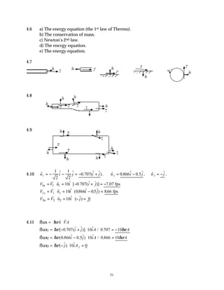 51
4.6 a) The energy equation (the 1st law of Thermo).
b) The conservation of mass.
c) Newton’s 2nd law.
d) The energy equation.
e) The energy equation.
4.7
4.8
4.9
4.10 $ $ $ . ($ $)
n i j i j
1
1
2
1
2
0 707
= − − = − + . $ . $ .5$
n i j
2 0 866 0
= − . $ $
n j
3 = − .
1 1 1
ˆ ˆ ˆ
ˆ 10 [ 0.707( )] 7.07 fps
n
V V n i i j
= ⋅ = ⋅ − + = −
v
V V n i i j
n
2 2 2 10 0866 05 866
= ⋅ = ⋅ − =
v
$ $ ( . $ . $) . fps
3 3 2
ˆ ˆ
ˆ 10 ( ) 0
n
V V n i j
= ⋅ = ⋅ − =
v
4.11 flux = ηρ$
n VA
⋅
v
flux1 = ηρ ηρ
[ . ($ $)] $ / .
− + ⋅ = −
0 707 10 0 707 10
i j iA A
flux2 = ηρ ηρ
( . $ .5$) $ / .
0 866 0 10 0 866 10
i j iA A
− ⋅ =
flux3 = ηρ( $) $
− ⋅ =
j iA
10 0
3
n̂
v n̂
v
ω
n̂ v n̂
v
n̂
v
n̂
v n̂
n̂
n̂
v v
v
v
n̂
n̂
n̂
n̂
v
v
v
v
n̂ n̂ v
v
 