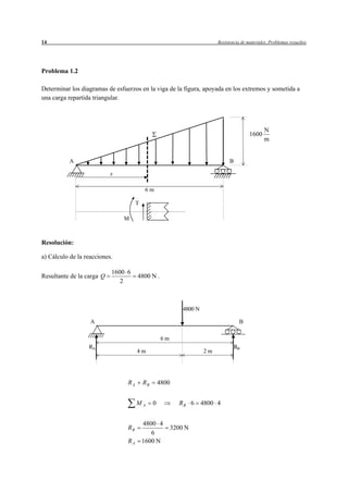 14                                                                         Resistencia de materiales. Problemas resueltos




Problema 1.2

Determinar los diagramas de esfuerzos en la viga de la figura, apoyada en los extremos y sometida a
una carga repartida triangular.




                                                                                                   N
                                                                                           1600
                                                                                                   m


           A                                                                     B

                           x

                                          6m

                                      T




Resolución:

a) Cálculo de la reacciones.

                           1600 6
Resultante de la carga Q              4800 N .
                              2



                                                             4800 N

                   A                                                                  B

                                                    6m
                  RA                                                                 RB
                                      4m                              2m




                                 RA       RB       4800


                                      MA       0           RB 6       4800 4


                                          4800 4
                                 RB                      3200 N
                                             6
                                 RA       1600 N
 