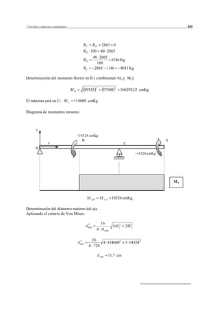 7 Torsión y esfuerzos combinados                                                                                105




                                            RC          RD      2865 0
                                            R D 100 40 2865
                                                        40 2865
                                            RD                   1146 Kg
                                                          100
                                            RC           2865 1146    4011 Kg

Determinación del momento flector en B ( combinando Mz y My):

                                                         2                  2
                                   MB           89525            57300          106292,12 cmKg

El máximo está en C: M f            114600 cmKg

Diagrama de momentos torsores:



       y
                                        +14324 cmKg
                                           B                                                           A
                 x                                                                C
       D
                                                                                         -14324 cmKg




                                                                                                           Mx


                                                 M x,B        M x, A       14324 cmKg

Determinación del diámetro mínimo del eje.
Aplicando el criterio de Von Mises:

                                                  3            16
                                                d min                      4M 2
                                                                              f
                                                                                     2
                                                                                  3M x
                                                                     adm



                                          3             16
                                        d min                4 1146002            3 14324 2
                                                         728

                                                             d min     11.7 cm
 