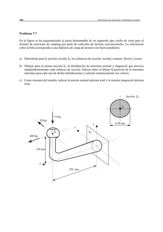 106                                                                  Resistencia de materiales. Problemas resueltos




Problema 7.7

En la figura se ha esquematizado la pieza desmontable de un enganche tipo cuello de cisne para el
arrastre de caravanas de camping por parte de vehículos de turismo convencionales. La solicitación
sobre la bola corresponde a una hipótesis de carga de arrastre con fuerte pendiente.


a) Determinar para la sección circular   A   los esfuerzos de sección: normal, cortante, flector y torsor.

b) Dibujar para la misma sección A la distribución de tensiones normal y tangencial que provoca
   independientemente cada esfuerzo de sección. Indicar sobre el dibujo la posición de la tensiones
   máximas para cada una de dichas distribuciones y calcular numéricamente sus valores.

c) Como resumen del estudio, indicar la tensión normal máxima total y la tensión tangencial máxima
   total.



                                                                                                   Sección      A




                                                                                              G


                           75 Kp
                 50 Kp
                                                                 y                        40 mm
                                               z
                           O                                 A

        400 Kp



             150 mm




                 x

                                         250 mm
 