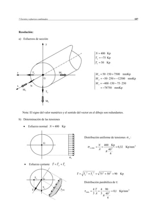 7 Torsión y esfuerzos combinados                                                                                   107




    Resolución:

    a) Esfuerzos de sección
                                   y


                                                                              N        400 Kp
                                                                              Ty           75 Kp
                                                                              Tz       50 Kp


z                   Tz                    Mz
                                                                              Mx           50 150 7500 mmKp
                               G                                              My            50 250         12500 mmKp
                                                                              Mz           400 150 75 250
x               N
                                                                                            78750 mmKp
        Mx
                                   Ty


                                   My



        Nota: El signo del valor numérico y el sentido del vector en el dibujo son redundantes.

    b) Determinación de las tensiones

              Esfuerzo normal N         400 Kp


                                                             Distribución uniforme de tensiones                   x:

                               G
                                                                                   N       400 Kp
                                                                    x , máx                         2
                                                                                                           0,32 Kp/mm 2
                                                                                   A          40
                                                                                               4
                                                    x


               Esfuerzo cortante T       Ty    Tz


                                                        T   Ty 2    Tz 2           75 2      50 2       90 Kp
                      Tz      G
                                                             Distribución parabólica de :
                              Ty
                  T                           máx                       4T             4    90
                                                              máx                                       0,1 Kp/mm 2
                                                                        3A             3    40 2
                                                                                             4
 