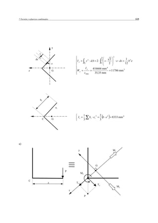 7 Torsión y esfuerzos combinados                                                                                                115




                                    y

                       s
                                                                                              b            2
                  ds                                                    2                              2                1 3
                                                     Iy             z        dA 2             2   s             e ds      b e
                                    z                                                        0        2                12
                                                                 Iy           416666 mm 4
          z                         G                Wy                                                11786 mm 3
                                                                z máx          35,35 mm




                       bi

                                        ei

                                                            1                       3    2
                                                      It                    bi ei          b e3            8333 mm 4
                            C       G                       3                            3




a)

                                                      y                                                    Mz




                                                                                    G

                                             P
                                                           Mx

          C
                                z                    Tz
                                                                                        Ty
                                                                                                                My
                                                 z

                                                                P
 