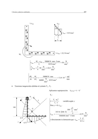 7 Torsión y esfuerzos combinados                                                                                                     117




                               ¾       máx                                         máx




                                                                                                 máx   = 30 N/mm2


                                                                                   e




                                                                               ¾       máx   = 22,5 N/mm2
              Mx



                                               M x e máx      50000 N mm 5 mm                        N
                                    máx                                                        30
                                                  It              8333 mm 4                         mm 2
                                   3                3     N              N
                                        máx           30         22,5
                                   4                4    mm 2           mm 2


                               d x           Mx             50000 N mm                               5   rad
                                                                                        7,14 10
                                dx           GI t              N                                         mm
                                                        84000    2
                                                                   8333 mm 4
                                                              mm

     Tensiones tangenciales debidas al cortante Ty , Tz.

                                                                   Aplicamos superposición:                    TOTAL=     + ’

                                                                    Ty :
                               A1
                   y                                                       T y m zA1
                                                    y
                                                                                                 variable según y
                                                                              Iz e
                                                                    Para y       0,      máx .
  100
                                       G                                                                          2
                                                                                                         100        mm 3
                                                                               353 N 100 5                       2
                                                                                                                  2                   N
                        C                                               máx                                4
                                                                                                                              0,75
                                                                                        1666666 mm             5 mm                  mm 2
               0,75                                                                                                           3 P
                                                                    ó directamente se demuestra que                     máx
          z
                                                                                                                              4b e
                       0,75                  Ty
 