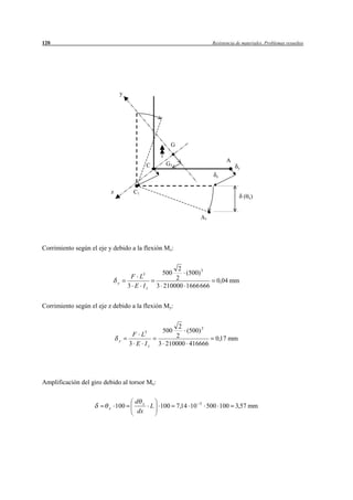 120                                                                        Resistencia de materiales. Problemas resueltos




                                     y




                                                           G

                                                                                  A
                                                   C      G1
                                                                                       y

                                                                             z



                             z            C1
                                                                                           ( x)


                                                                     A1




Corrimiento según el eje y debido a la flexión Mz:


                                                              2
                                               3        500     (500) 3
                                          F L                2
                                 y                                           0,04 mm
                                         3 E Iz        3 210000 1666 666


Corrimiento según el eje z debido a la flexión My:


                                                             2
                                                        500    (500) 3
                                          F L3              2
                                  y                                         0,17 mm
                                         3 E Iz        3 210000 416666




Amplificación del giro debido al torsor Mx:

                                           d x                      5
                         x       100           L 100 7,14 10            500 100 3,57 mm
                                            dx
 