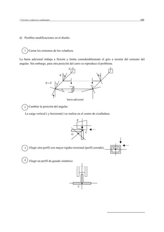 7 Torsión y esfuerzos combinados                                                             121




d) Posibles modificaciones en el diseño.



     1   Cerrar los extremos de los voladizos.

La barra adicional trabaja a flexión y limita considerablemente el giro a torsión del extremo del
angular. Sin embargo, para otra posición del carro se reproduce el problema.
                                            0




                                   0




                                          barra adicional

     2   Cambiar la posición del angular.

     La carga vertical ( y horizontal ) se realiza en el centro de cizalladura.

                                                    P



                                                            C
                                                G




     3    Elegir otro perfil con mayor rigidez torsional (perfil cerrado).        G C



     4    Elegir un perfil de guiado simétrico




                                                    C
 