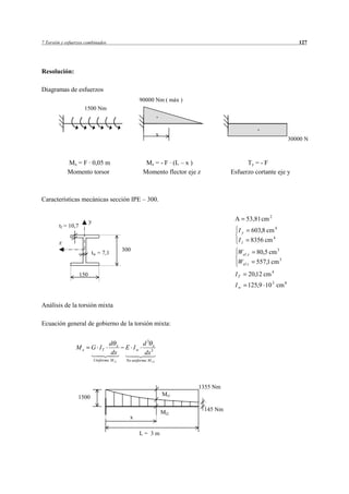 7 Torsión y esfuerzos combinados                                                                                        127




Resolución:

Diagramas de esfuerzos
                                                       90000 Nm ( máx )
                      1500 Nm
                                                                    -

                                                                                                       -
                                                                    x
                                                                                                                     30000 N



            Mx = F · 0,05 m                                Mz = - F · (L – x )                   Ty = - F
            Momento torsor                                Momento flector eje z            Esfuerzo cortante eje y



Características mecánicas sección IPE – 300.


                          y                                                                 A      53,81 cm 2
        tf = 10,7
                                                                                              Iy     603,8 cm 4
        z                                                                                     Iz     8356 cm 4
                                               300                                           Wel y     80,5 cm 3
                          tw = 7,1
                                                                                             Wel z     557,1 cm 3
                    150                                                                     IT     20,12 cm 4
                                                                                            Iw     125,9 10 3 cm 6


Análisis de la torsión mixta

Ecuación general de gobierno de la torsión mixta:


                                       d x                d3 x
                 Mx       G IT                  E Iw
                                        dx                dx 3
                              Uniforme M t 1    No uniforme M t 2




                                                                              1355 Nm
                                                                        Mt1
                  1500

                                                                        Mt2       145 Nm
                                                  x

                                                       L= 3m
 