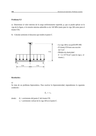 146                                                                    Resistencia de materiales. Problemas resueltos




Problema 9.3

a) Determinar el valor máximo de la carga uniformemente repartida, p, que se puede aplicar en la
viga de la figura, si la tensión máxima admisible es de 140 MPa (tanto para la viga AB como para el
tirante CD).

b) Calcular asimismo el descenso que tendrá el punto C.




                                 D                                     - La viga AB es un perfil IPN 400.
                                                                       - El tirante CD tiene una sección
                                                                         de 5 cm2.
                                                       4m              - Módulo de elasticidad :
                                                                         E = 2,1·107 N/cm2 ( para la viga y el
                                                                         tirante ).


          A                  C                 B
                 4m                   4m




Resolución :

a)
Se trata de un problema hiperestático. Para resolver la hiperestaticidad, impondremos la siguiente
condición :


                                                   C     vC


donde :        C = corrimiento del punto C del tirante CD.

              vC = corrimiento vertical de la viga AB en el punto C.
 