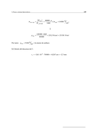9 Piezas y sistemas hiperestáticos                                                                  149




                                                M max          80000 p
                                                                                  14 000 N
                                 max , viga
                                              W z , IPN 400      1460
                                                                           adm
                                                                                             cm 2




                                              140 000 1460
                                     p máx                         255,5 N/cm     25 550 N/m
                                                 80 000


Por tanto: p max        9100 N            ( la menor de ambas).
                                     m

b) Cálculo del descenso de C.

                                                         6
                                     vc       3,81 10         70 000   0,267 cm     2,7 mm
 