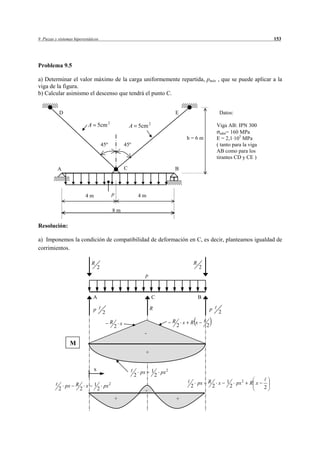 9 Piezas y sistemas hiperestáticos                                                                                                                            153




Problema 9.5

a) Determinar el valor máximo de la carga uniformemente repartida, pmáx , que se puede aplicar a la
viga de la figura.
b) Calcular asimismo el descenso que tendrá el punto C.


           D                                                                                    E                                 Datos:

                             A 5cm 2                              A 5cm 2                                                        Viga AB: IPN 300
                                                                                                                                   adm= 160 MPa
                                                                                                            h=6m                 E = 2,1·105 MPa
                                          45º                 45º                                                                ( tanto para la viga
                                                                                                                                 AB como para los
                                                                                                                                 tirantes CD y CE )

          A                                                   C                                 B




                             4m                   p                     4m

                                                  8m

Resolución:

a) Imponemos la condición de compatibilidad de deformación en C, es decir, planteamos igualdad de
corrimientos.

                                 R                                                                              R
                                      2                                                                             2
                                                                             p



                                 A                                               C                                  B

                                 p                                               R                                           p
                                          2                                                                                      2
                                                R         x                                     R       x   Rx
                                                    2                                               2                    2
                                                                         -
                 M
                                                                             +


                                  x                                              1
                                                                        px               px 2
                                                                    2                2
                                                                                                                    px   R       x   1       px 2   R x
               px    R       x    1        px 2                                                             2                2           2
           2             2            2                                                                                                                   2
                                                                             -
                                                      +                                             +
 