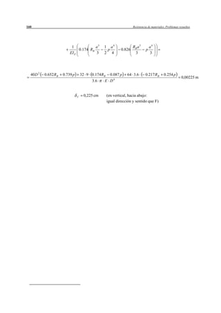 160                                                                   Resistencia de materiales. Problemas resueltos




                            1            a3       1 a4                RB a 3        a4
                                0.174 RB           p          0.826             p
                           EI Z          3        2 4                  3            3




  40 D 2   0.652 R B   0.739 p       32 9 0.174 R B     0.087 p   64 3.6        0.217 R B     0.254 p
                                                          4
                                                                                                            0,00225 m
                                           3 .6   E D


                                 C     0,225 cm       (en vertical, hacia abajo:
                                                      igual dirección y sentido que F)
 
