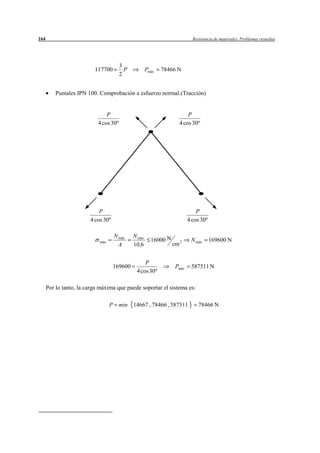 164                                                                          Resistencia de materiales. Problemas resueltos




                                        3
                          117700          P            Pmáx   78466 N
                                        2


          Puntales IPN 100. Comprobación a esfuerzo normal.(Tracción)


                                P                                         P
                            4 cos 30º                                 4 cos 30º




                            P                                                  P
                        4 cos 30º                                          4 cos 30º

                                      N máx    N máx
                                                         16000 N            N máx      169600 N
                            máx
                                        A      10,6                cm 2


                                                    P
                                      169600                        Pmáx    587511 N
                                                4 cos 30º

      Por lo tanto, la carga máxima que puede soportar el sistema es:

                                  P     min 14667 , 78466 , 587511              78466 N
 