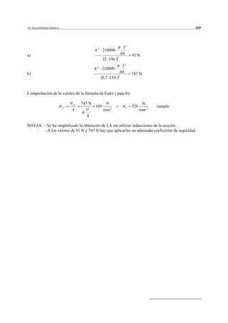 10 Inestabilidad elástica                                                                       169




                                                 2                   32
                                                      210000
a)                                                                  64    91 N
                                                                2
                                                       2 150
                                                2                    32
                                                     210000
b)                                                                  64    747 N
                                                                2
                                                      0,7 150


Comprobación de la validez de la fórmula de Euler ( para b):

                                 N cr   747 N          N                         N
                            cr             2
                                                105                   e   320          cumple
                                  A       3           mm 2                      mm 2
                                           4

NOTAS: - Se ha simplificado la obtención de I,A sin utilizar reducciones de la sección.
       - A los valores de 91 N y 747 N hay que aplicarles un adecuado coeficiente de seguridad.
 