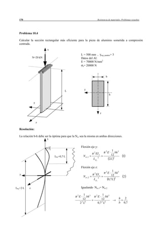 170                                                                          Resistencia de materiales. Problemas resueltos




  Problema 10.4

  Calcular la sección rectangular más eficiente para la pieza de aluminio sometida a compresión
  centrada.
                         x
                                                          L = 500 mm , seg. pandeo= 3
              N=20 kN                                     Datos del Al:
                                                          E = 70000 N/mm2
                                                           e= 20000 N




                                                                                        b



                                                            y
                                       L
                                                                                            h

               y


                                                                                   z


                   z

  Resolución:

  La relación b-h debe ser la óptima para que la Ncr sea la misma en ambas direcciones.
                        x

                                                          Flexión eje y:
                                                                                        2     1 3
                                                                      2
                                                                          EI y              E    bh
                                                           N cr ,1                           12           1
                               LPz=0,7·L                                       2               2
                                                                      L py                  2L

                                                          Flexión eje z:
                                                                                        2       1 3
                                                                       2                    E     bh
   y                                                                       EI z                12
                                                           N cr , 2            2                  2
                                                                                                           2
                                                                      L pz                  0,7 L

LPy=2·L   z                                               Igualando Ncr,1= Ncr,2

                                                  2       1 3              2        1 3
                                                      E      bh                E      bh
                                                         12                       12                  h     2
                                                      2 2 L2                   0,7 2 L2               b    0,7
 