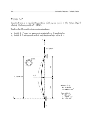 174                                                               Resistencia de materiales. Problemas resueltos




Problema 10.6 *

Calcular el valor de la imperfección geométrica inicial, v0, que provoca el fallo elástico del perfil
tubular 100x4 mm sometido a N = 125 kN.

Resolver el problema utilizando dos modelos de cálculo:

a) Análisis de 1er orden, con la geometría caracterizada por el valor inicial v0.
b) Análisis de 2º orden, considerando la amplificación del valor inicial de v0.

                                               x




                                                    N = 125 kN




                                100x4




                                 v0 ?
          L = 3500 mm




                                                                             Material S235:
                                                                                            2
                                                                               e=235 N/mm
                                                                              E= 210000 N/mm2

                                                                             Tubo 100x4:
                                                                              A= 1206 mm2
      y                                                                       I= 1392000 mm2
                                                                              W=27840 mm2



                                                    N
 